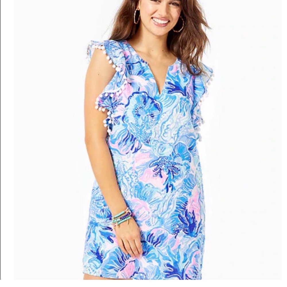 Lilly Pulitzer Astara Linen Dress Saltwater Blue Shade Seekers Pom Pom Trim NWT